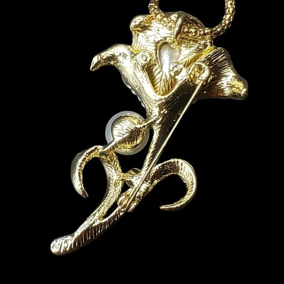 Yellow Calla Lily Pendant Necklace Gold Tone Pearl Rhinestone Giftboxed - Picture 5 of 6